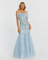 Blue Feather Embellished Strapless Trumpet Gown