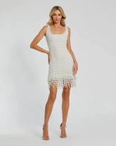 White Pearl Beaded Square Neck Mini Dress