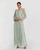Green Boat Neck Long Sleeve Beaded Gown