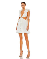 White Ruffled Cut-Out V Neck Mini Dress